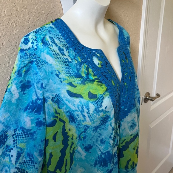 Jones New York Signature Plus 3X Blue Green Crochet Trim Cotton Tunic Top - Picture 8 of 13